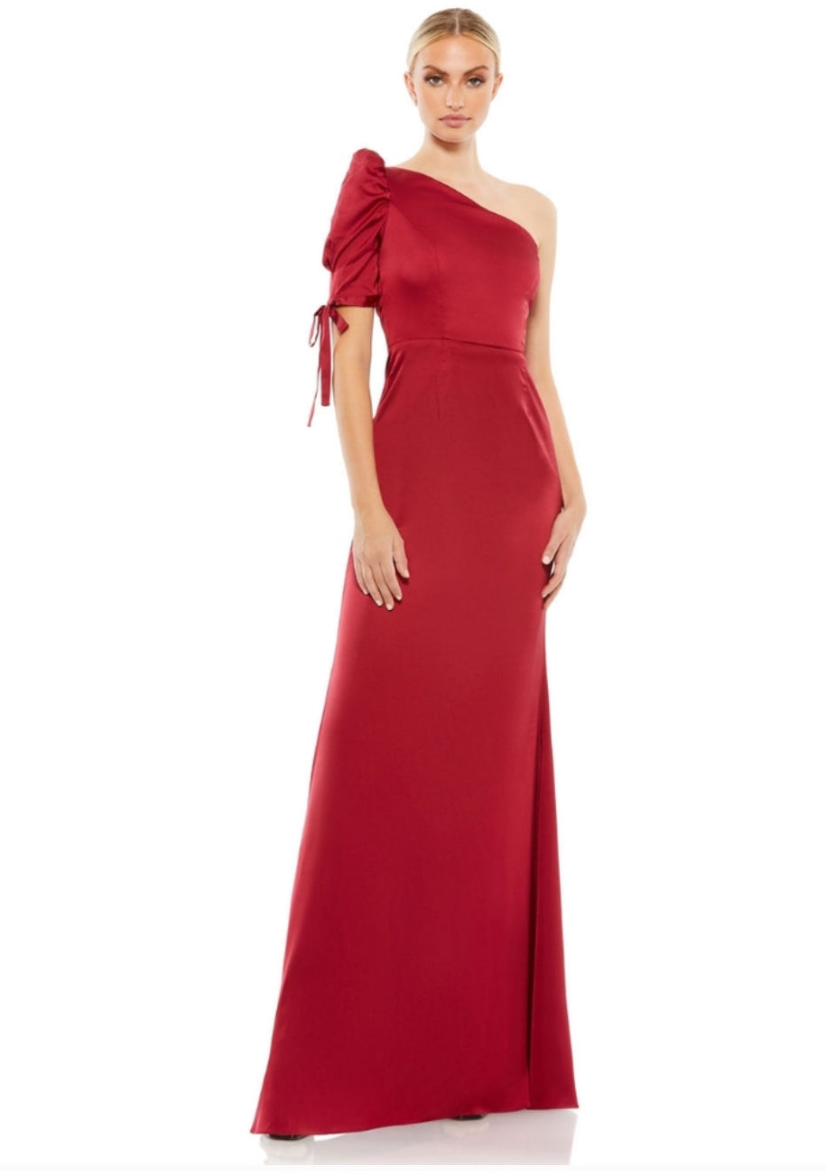 NWT Ieena Mac Duggal 55632 Satin One Shoulder Puff Sleeve Trumpet Gown $358