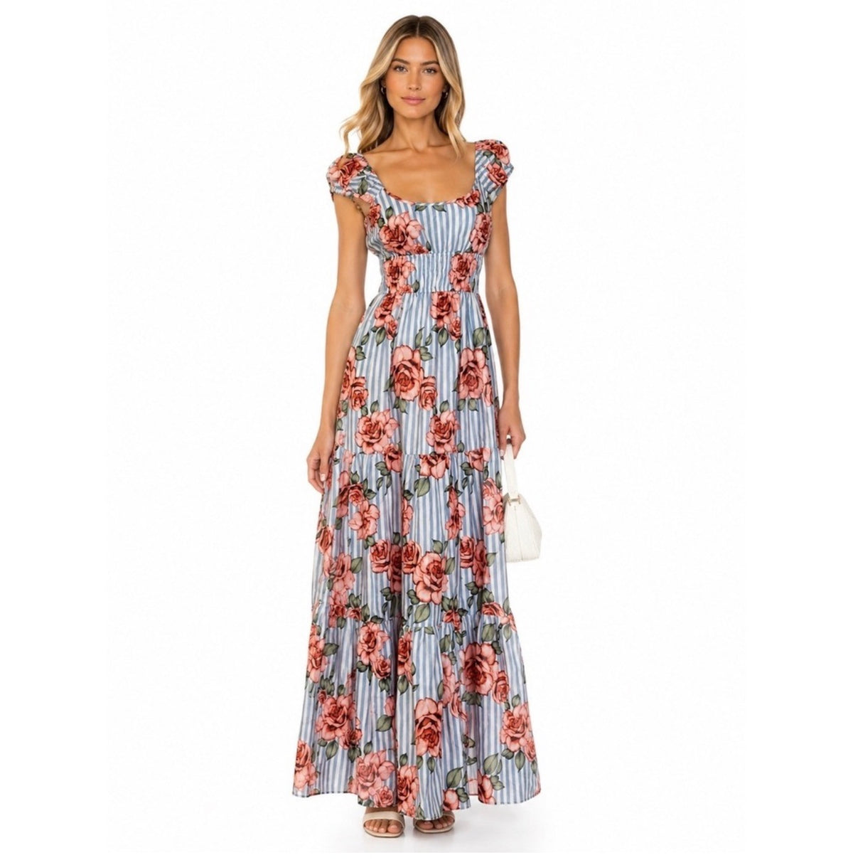 Hutch Blue Coral Striped Rose Floral Maxi Dress Size Small