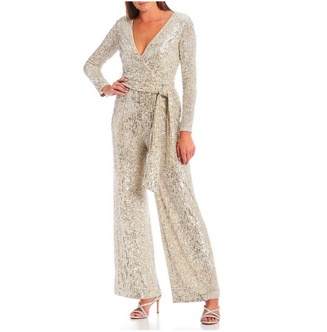 Eliza J Sequin V-Neck Long Sleeve Straight Leg Wrap Jumpsuit Sz 4 $198