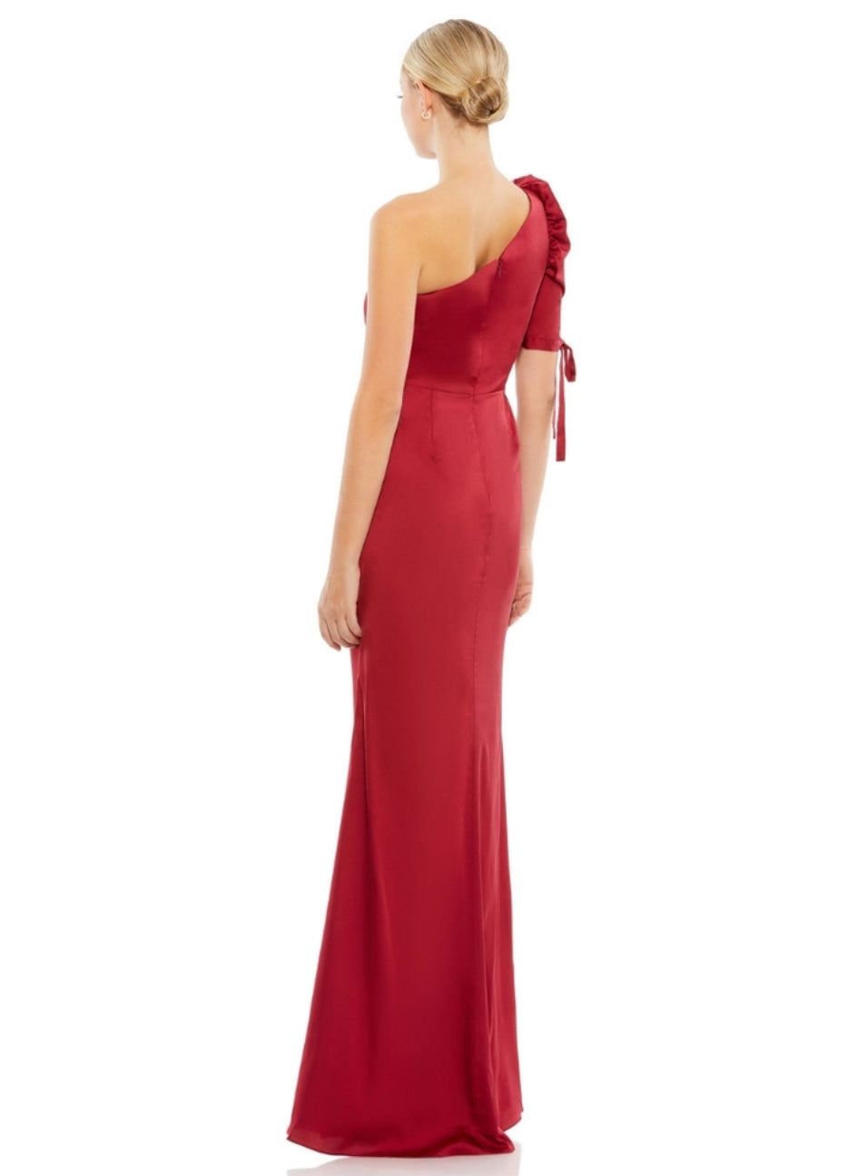 NWT Ieena Mac Duggal 55632 Satin One Shoulder Puff Sleeve Trumpet Gown $358