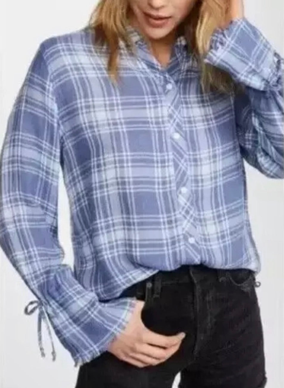 NWT Rails Astrid Cali Blue Raw Hem Tie Cuff Long Sleeve Button Up Top Sz XS $148