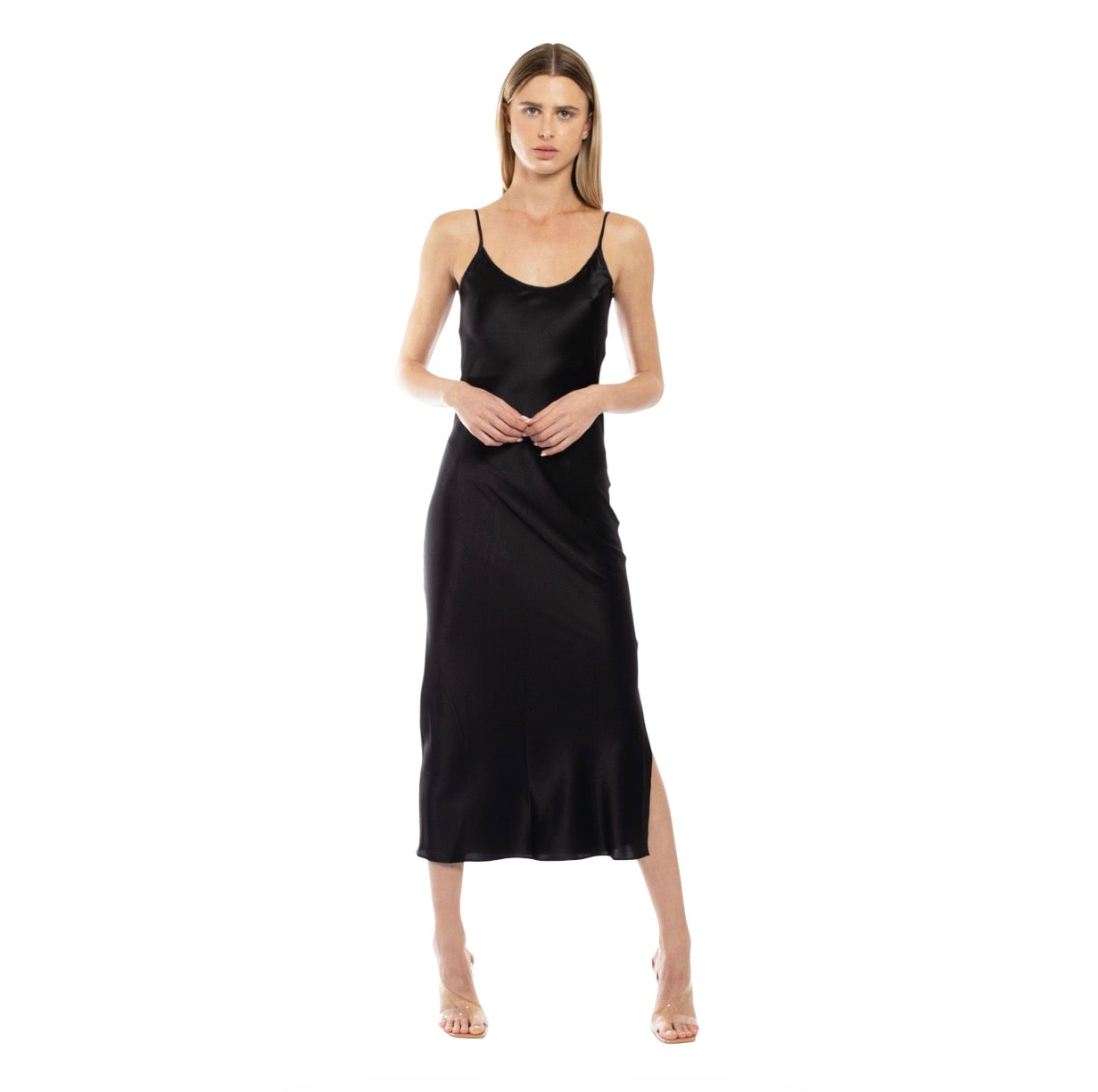 MOTHER OF ALL Kelly Stretch Silk Slipdress In Black