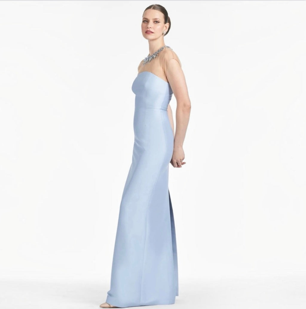 Sachin & Babi Irina Gown Glacial Blue Beaded Illusion Neck Sz 6