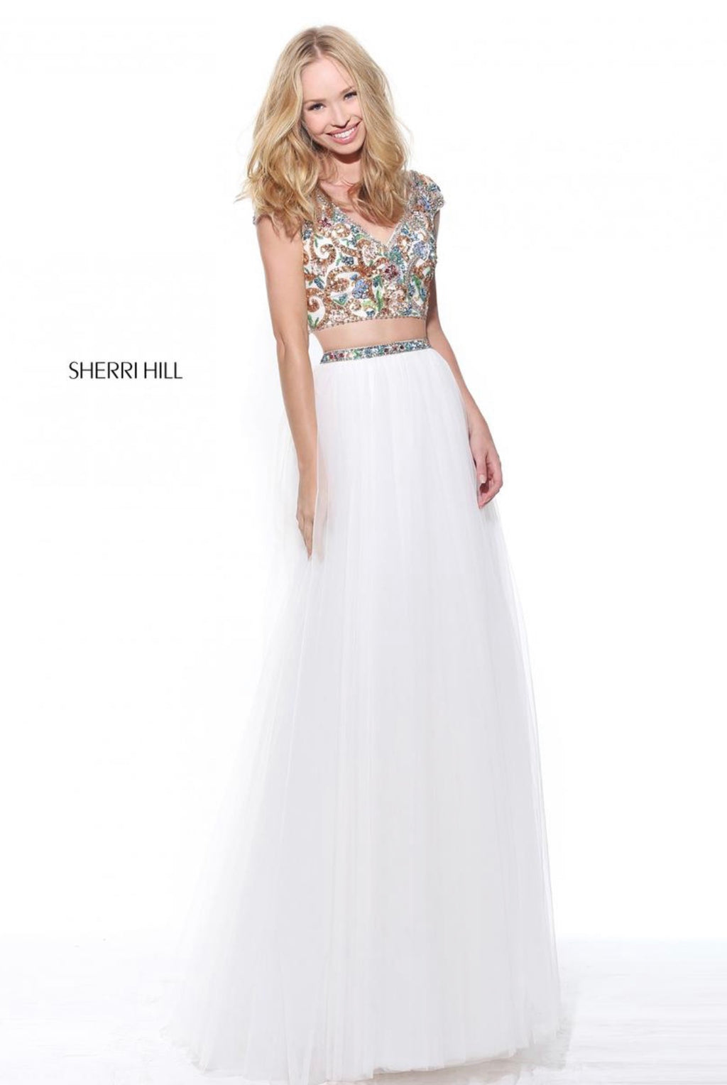 Sherri Hill 51166 Ivory Beaded Two Piece Tulle Gown $650