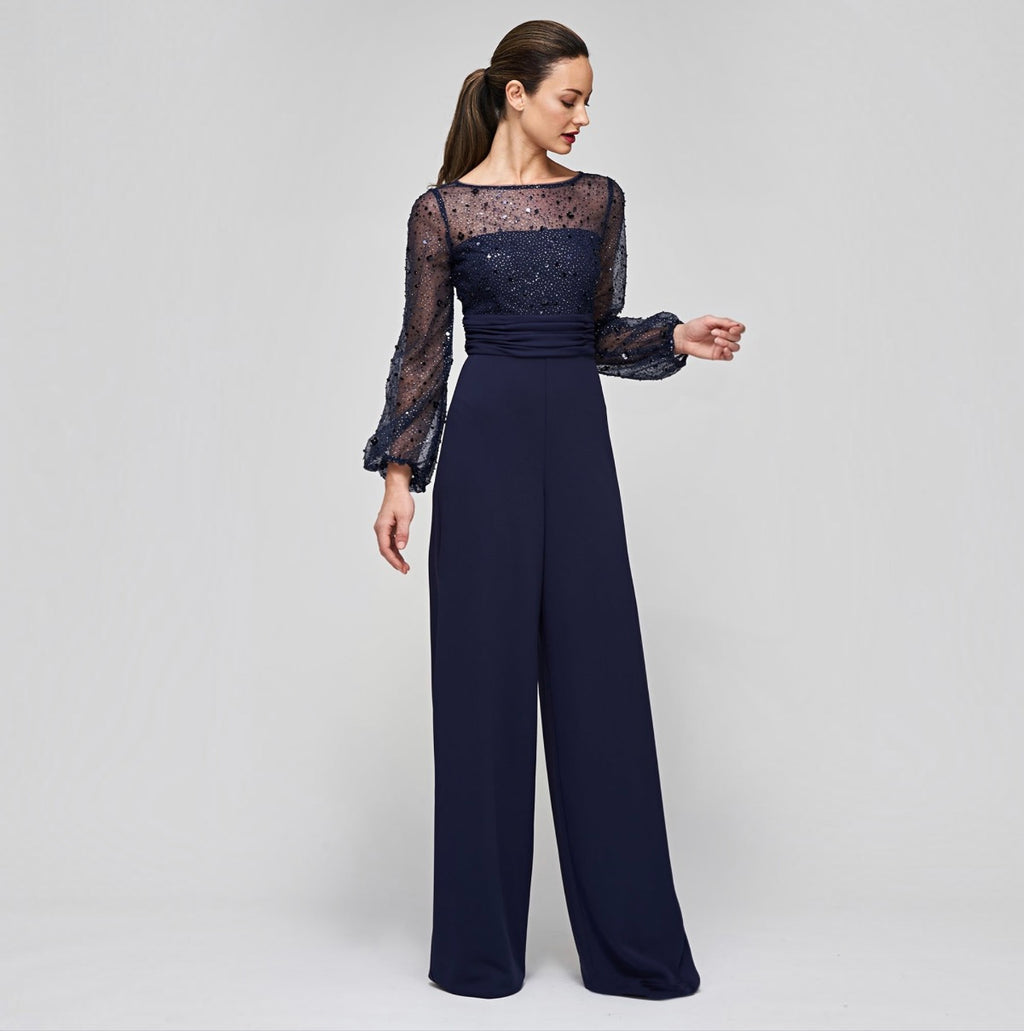 JS COLLECTIONS Raelynn Beaded Wide-Leg Jumpsuit Navy Size 16