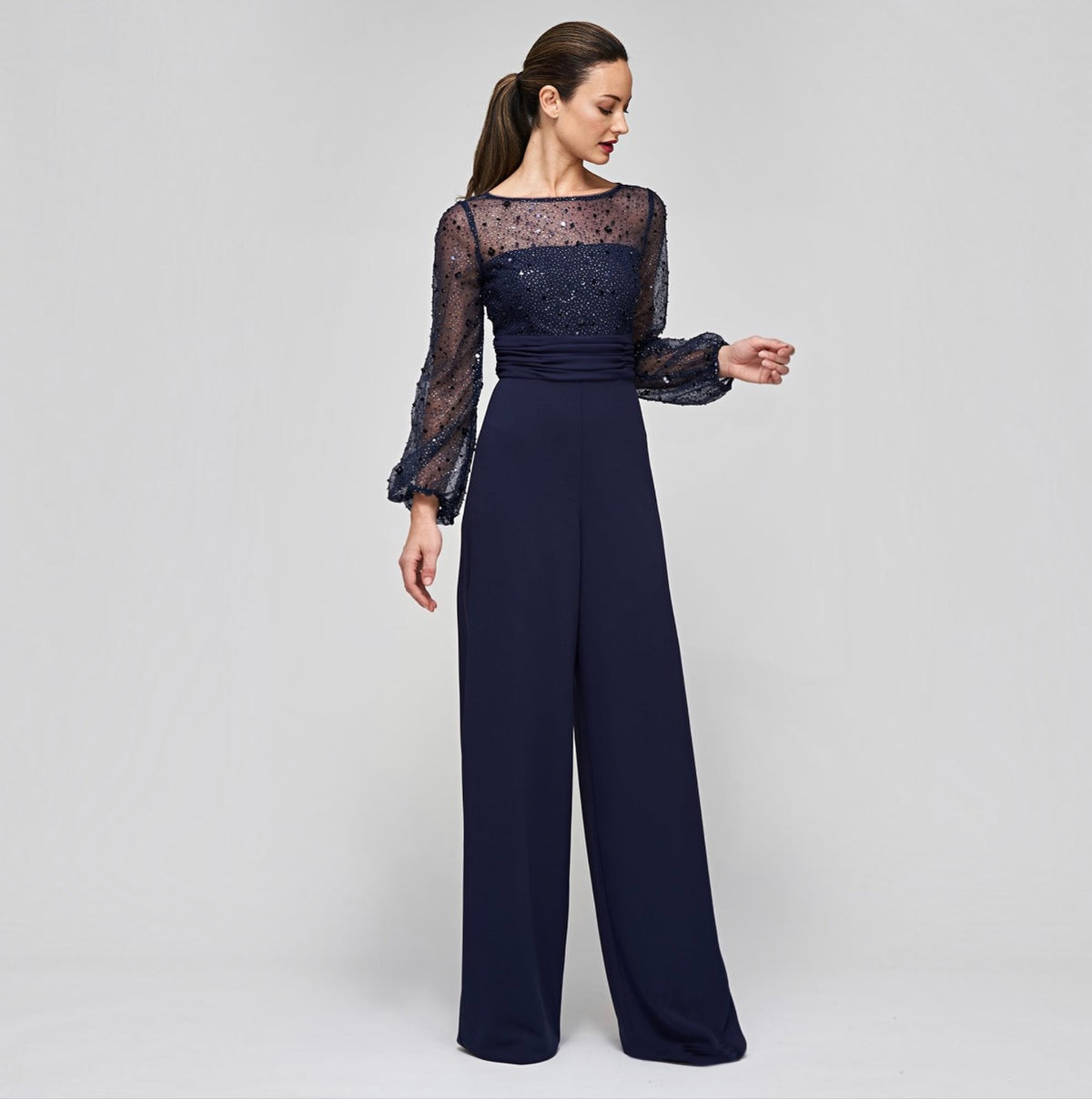 JS COLLECTIONS Raelynn Beaded Wide-Leg Jumpsuit Navy Size 16