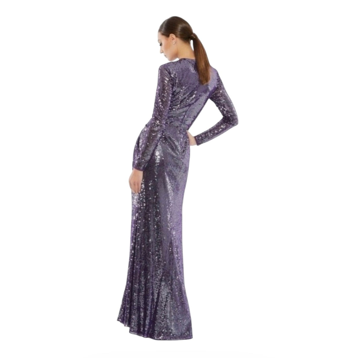 Mac Duggal 10824 Sequined Long Sleeve Draped Gown Purple Amethyst Sz 2