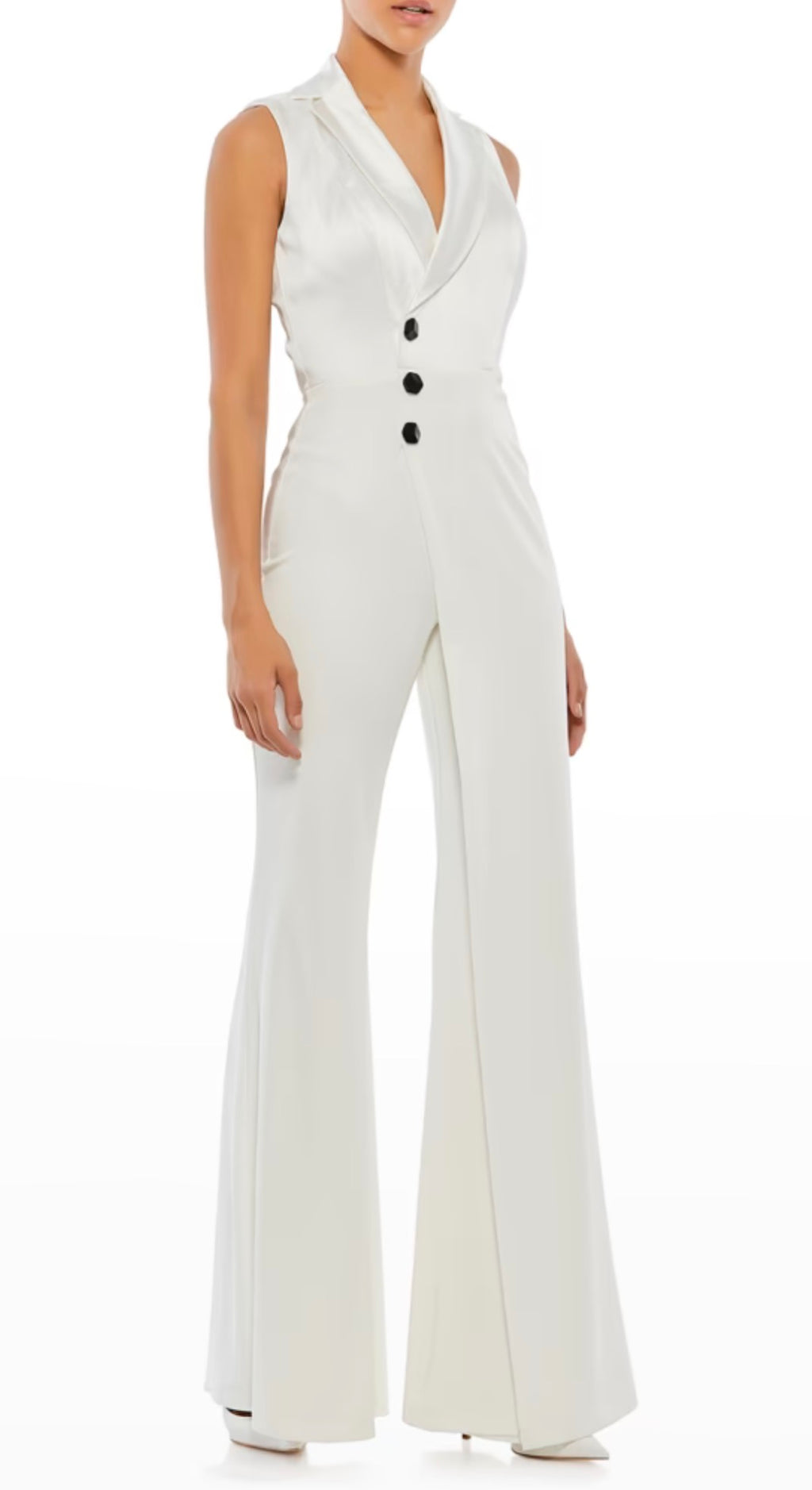 Ieena by Mac Duggal 26603 White Tuxedo Jumpsuit Size 2 Satin Wide Leg