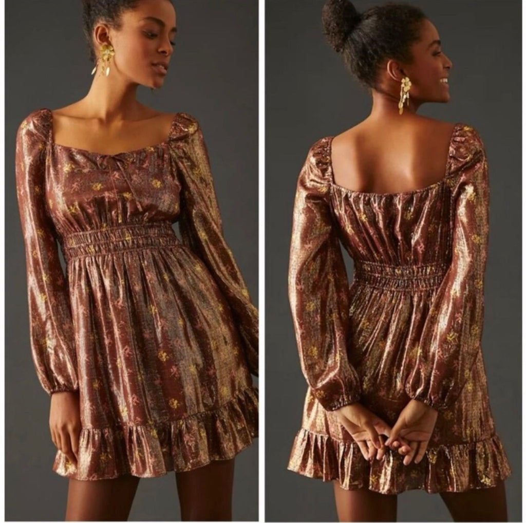 Paige Noah Metallic Dress Long Sleeve Mini in Brown Copper Sz Small