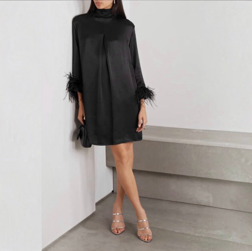 Sleeper Party Feather Trimmed
Satin Dress in Black Sz XS