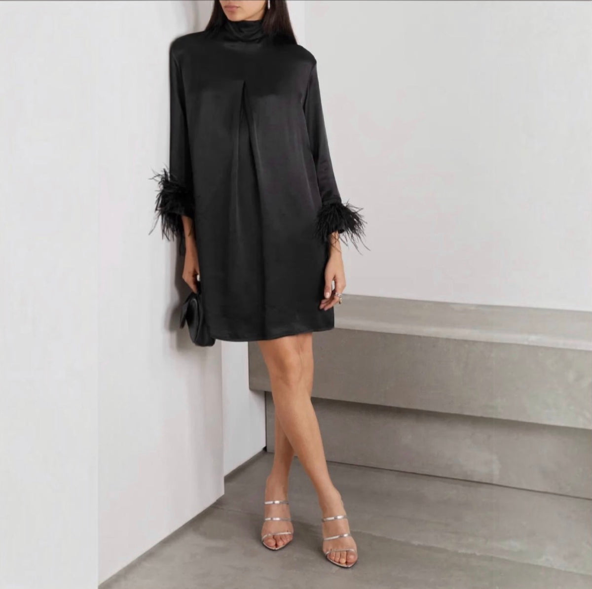 Sleeper Party Feather Trimmed
Satin Dress in Black Sz XS