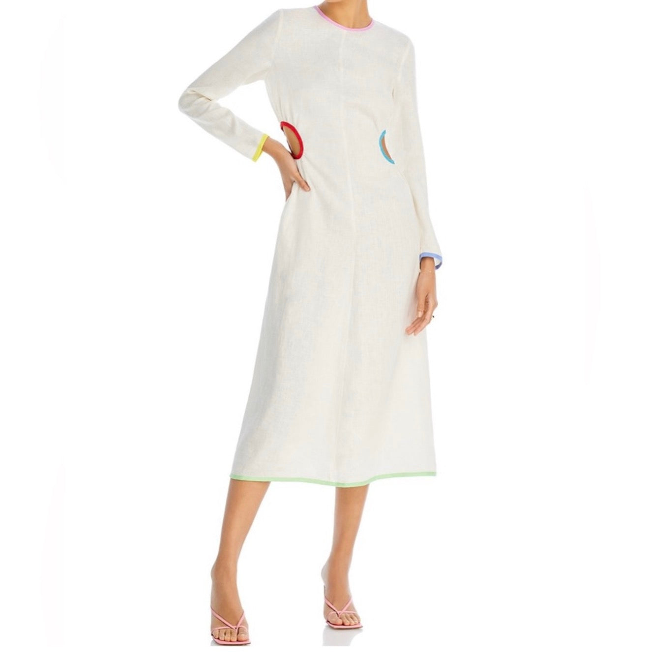 Rhode Thierry Linen Dress in Macadamia Rainbow Piping Sz 6 $450