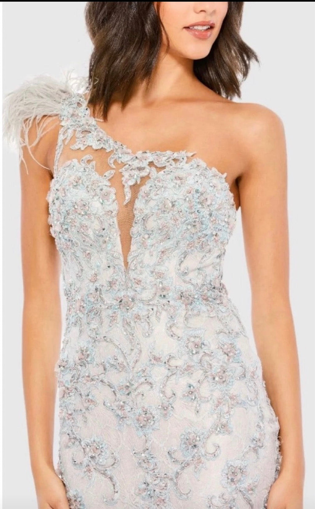 Мас DUGGAL 79264 Blue
Embroidered Feathered One
Shoulder Trumpet Gown Sz 10