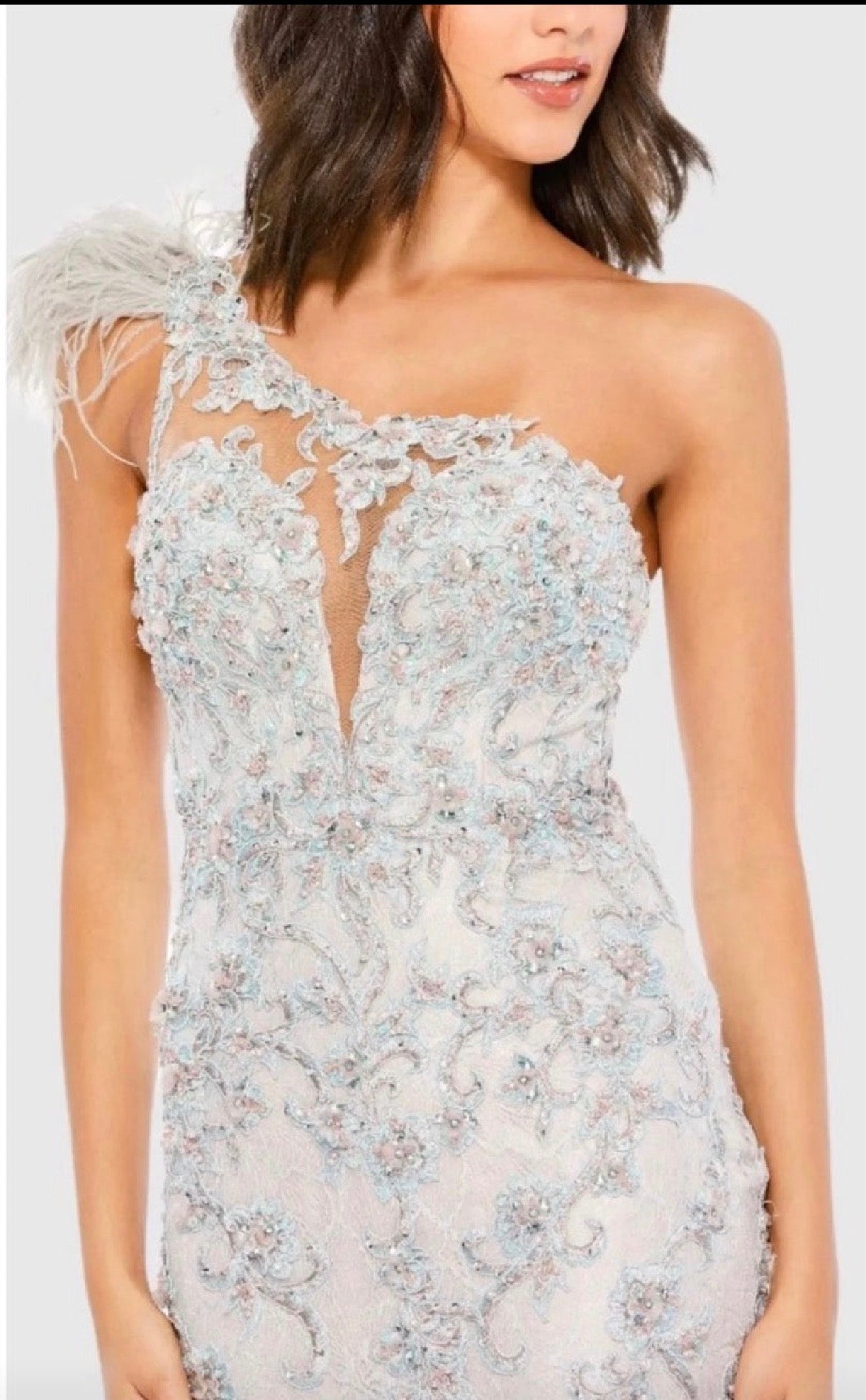 Мас DUGGAL 79264 Blue
Embroidered Feathered One
Shoulder Trumpet Gown Sz 10