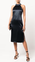 Frame Satin Shirred Halter Neck Midi Dress Navy Blue XS $498
