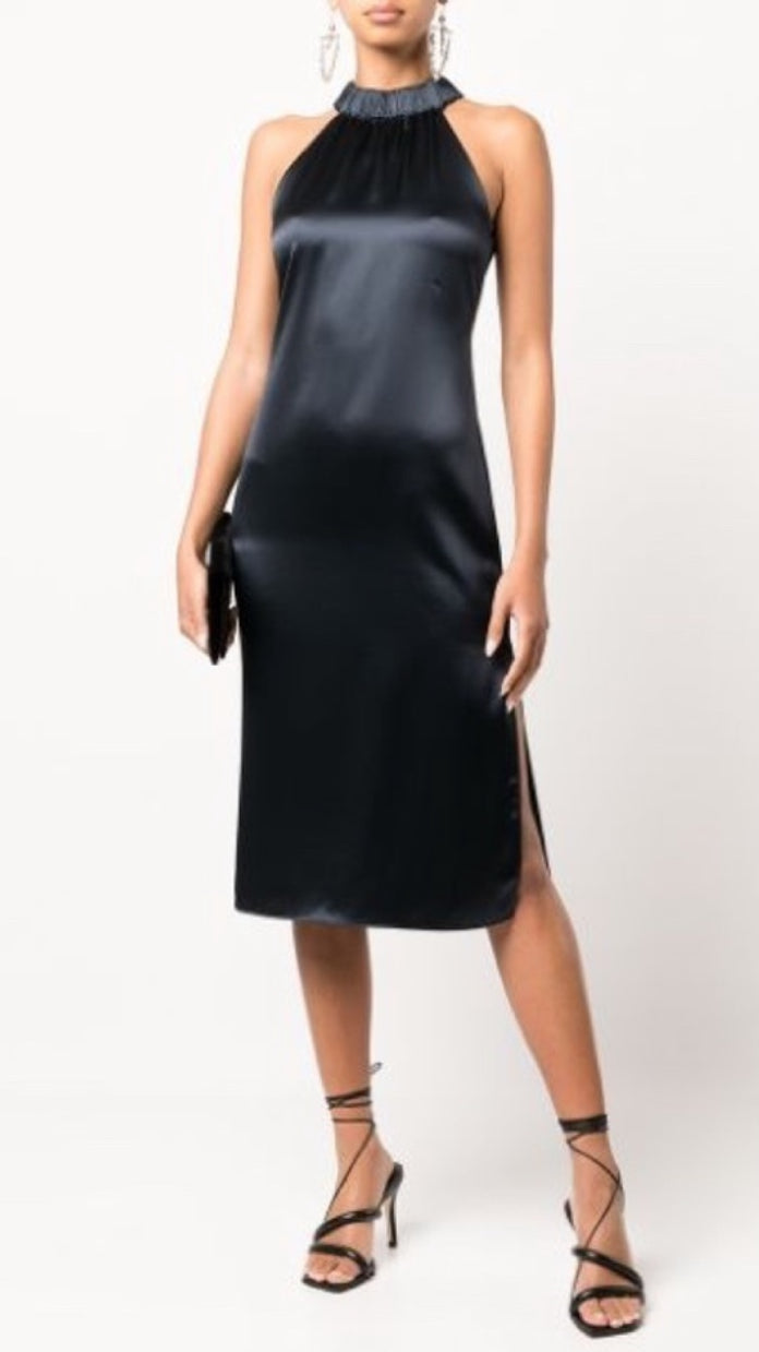 Frame Satin Shirred Halter Neck Midi Dress Navy Blue XS $498