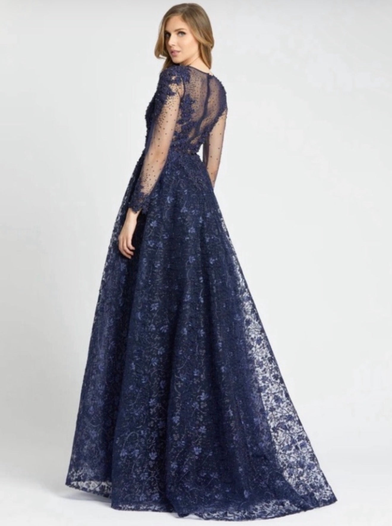 Mac Duggal 20100 Navy Embellished Lace Long Sleeve Ball Gown| 6
