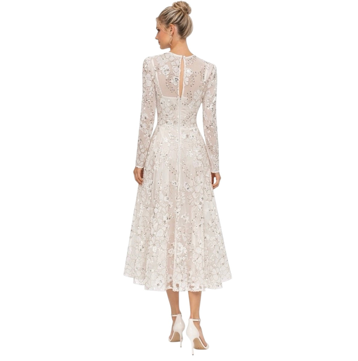 Dress the Population White Embellished Tea-Length Midi Dress Size Small