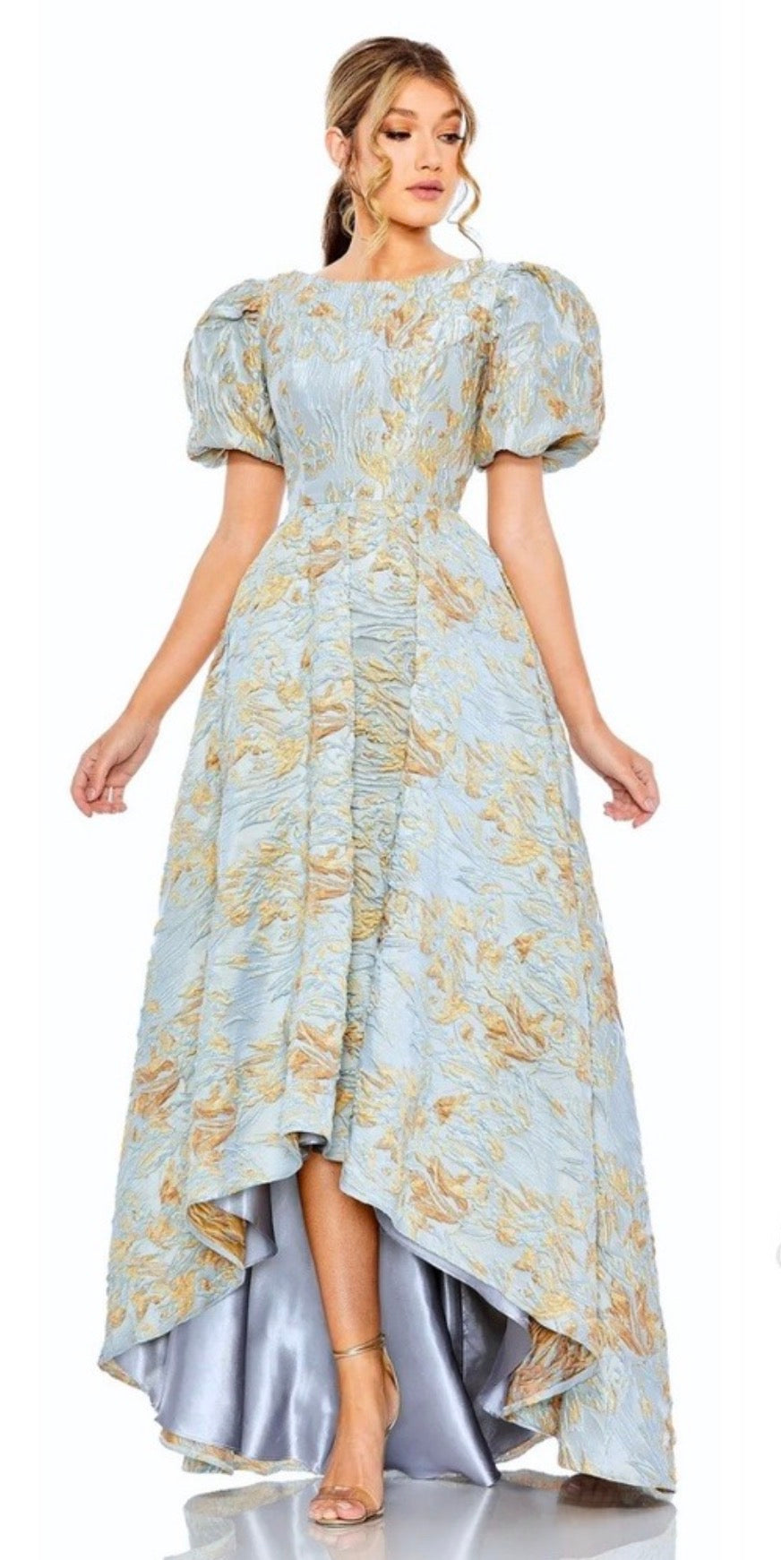 Mac Duggal 11608 Floral Jacquard
High Low Evening Gown Blue +
Gold Size 8 $798