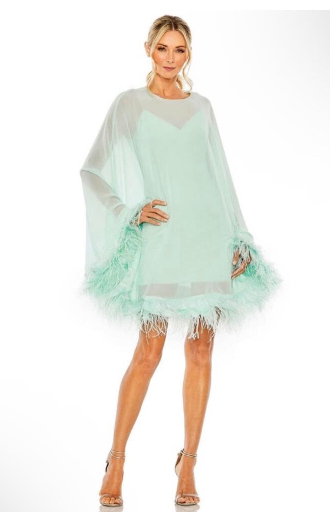 Mac Duggal 11622 Mint Green Feather Trim Trapeze Mini Cocktail Dress Sz 10 $598