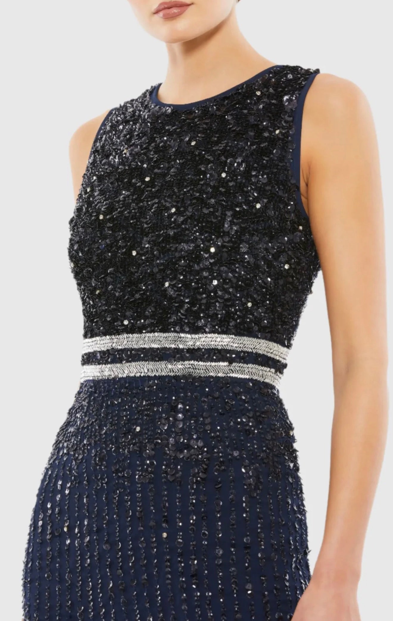 MAC DUGGAL #A10509
Navy Sleeveless High Neck Beaded Midi Sheath
Dress Sz 4 $298