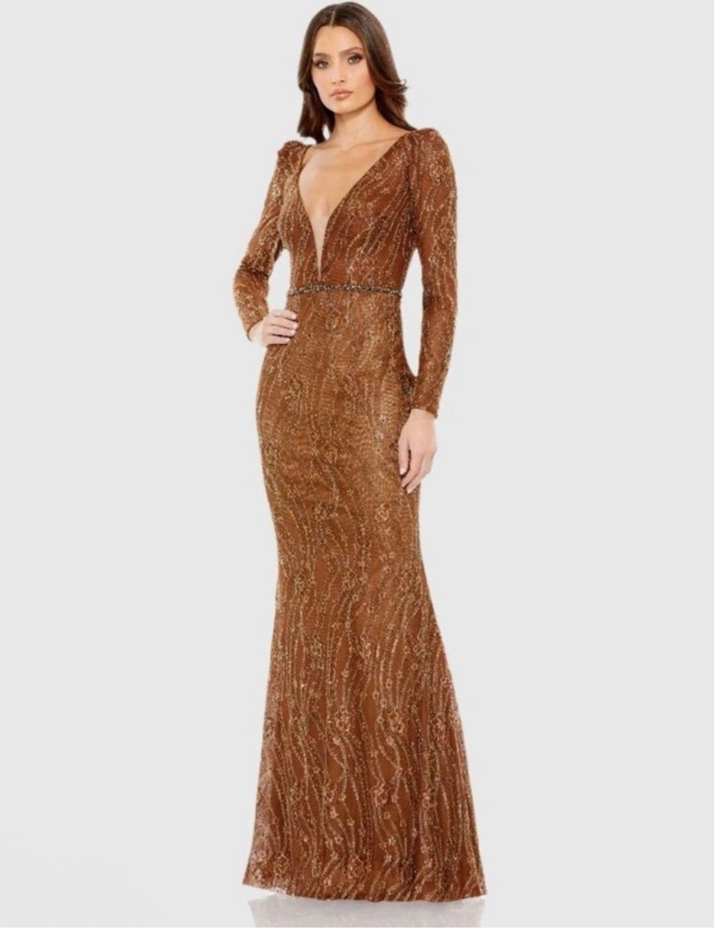Mac Duggal 11159
Embellished Long Sleeve Plunge
Trumpet Gown in Bronze sz 2 $798