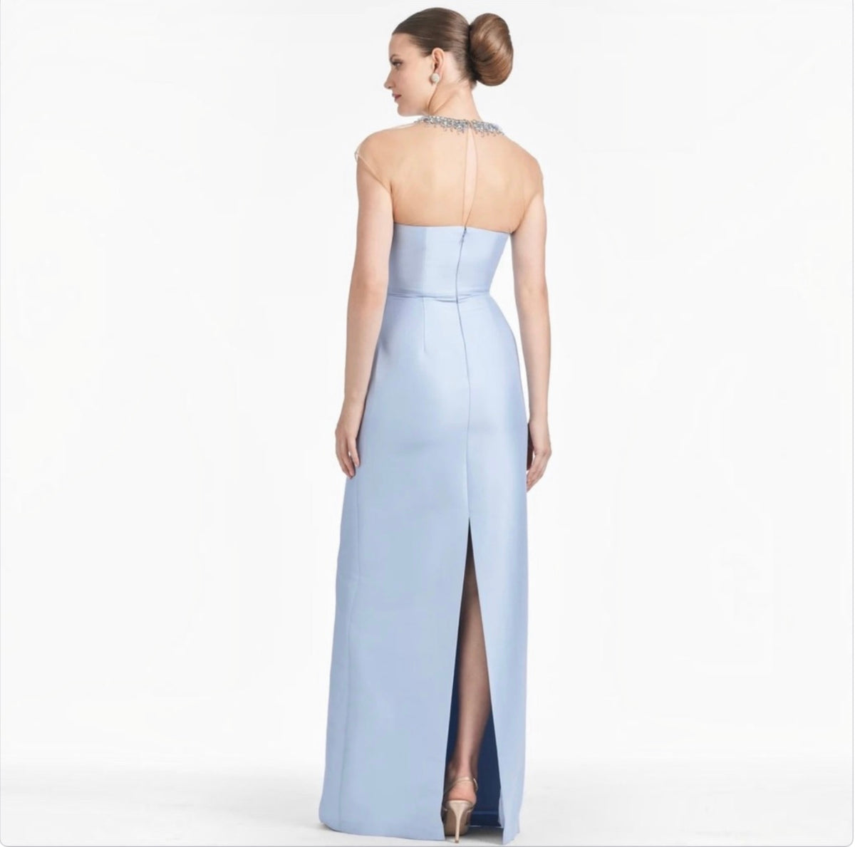 Sachin & Babi Irina Gown Glacial Blue Beaded Illusion Neck Sz 6