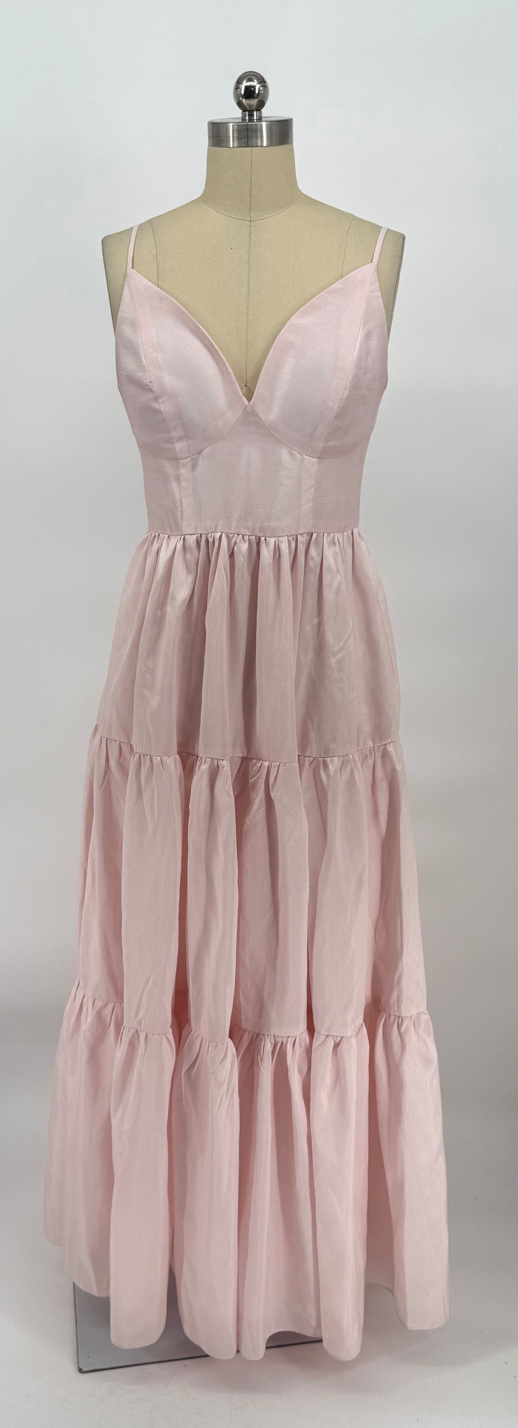 HUTCH Blush Pink Tiered Maxi Dress Taffeta Sheen Spaghetti Strap
Gown Small $298