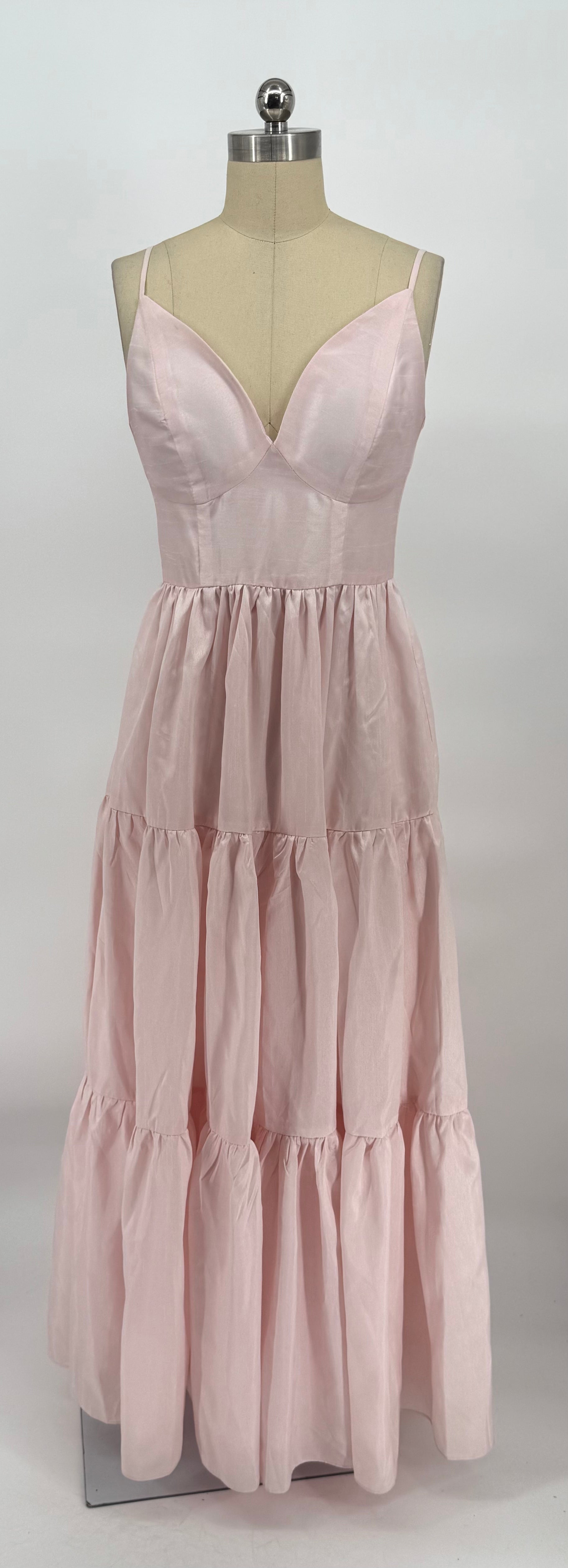 HUTCH Blush Pink Tiered Maxi Dress Taffeta Sheen Spaghetti Strap
Gown Small $298