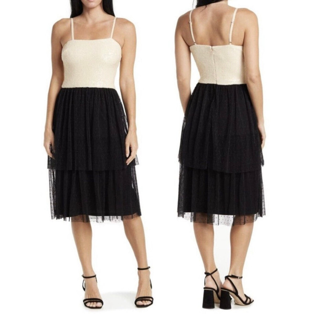 Dress The Population Kady Sequin Dress Black Cream Sz Medium $198
