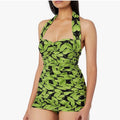 Norma Kamali Bill Mio One Piece Swimsuit Small Tree Print Halter Ruched Sz Small $195