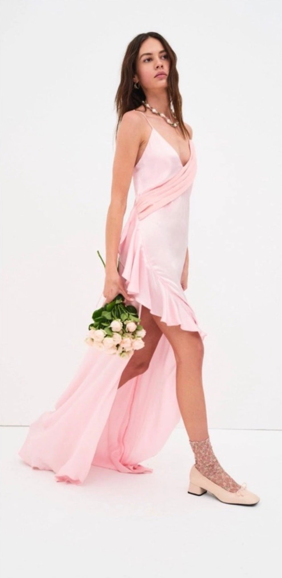 For Love & Lemons Draped Plunge Neck Asymmetric James Maxi Dress
Pink Sz Medium $460