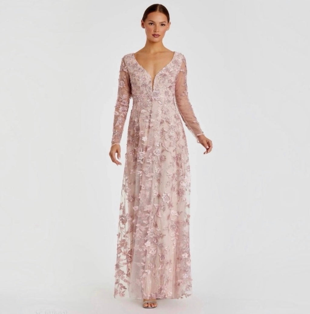 Mac Duggal 70224 Illusion Sleeve Floral Dress in Rose Pink Sz 10