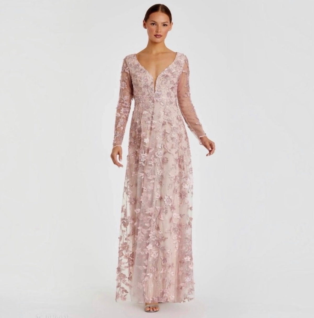Mac Duggal 70224 Illusion Sleeve Floral Dress in Rose Pink Sz 10
