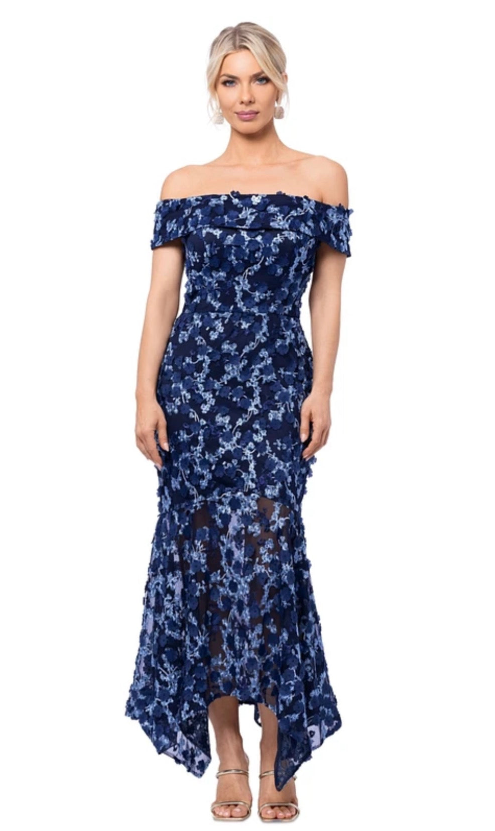 XSCAPE Off-The-Shoulder Embroidered 3D Floral Lace Midi Dress Navy Sz 4 $298