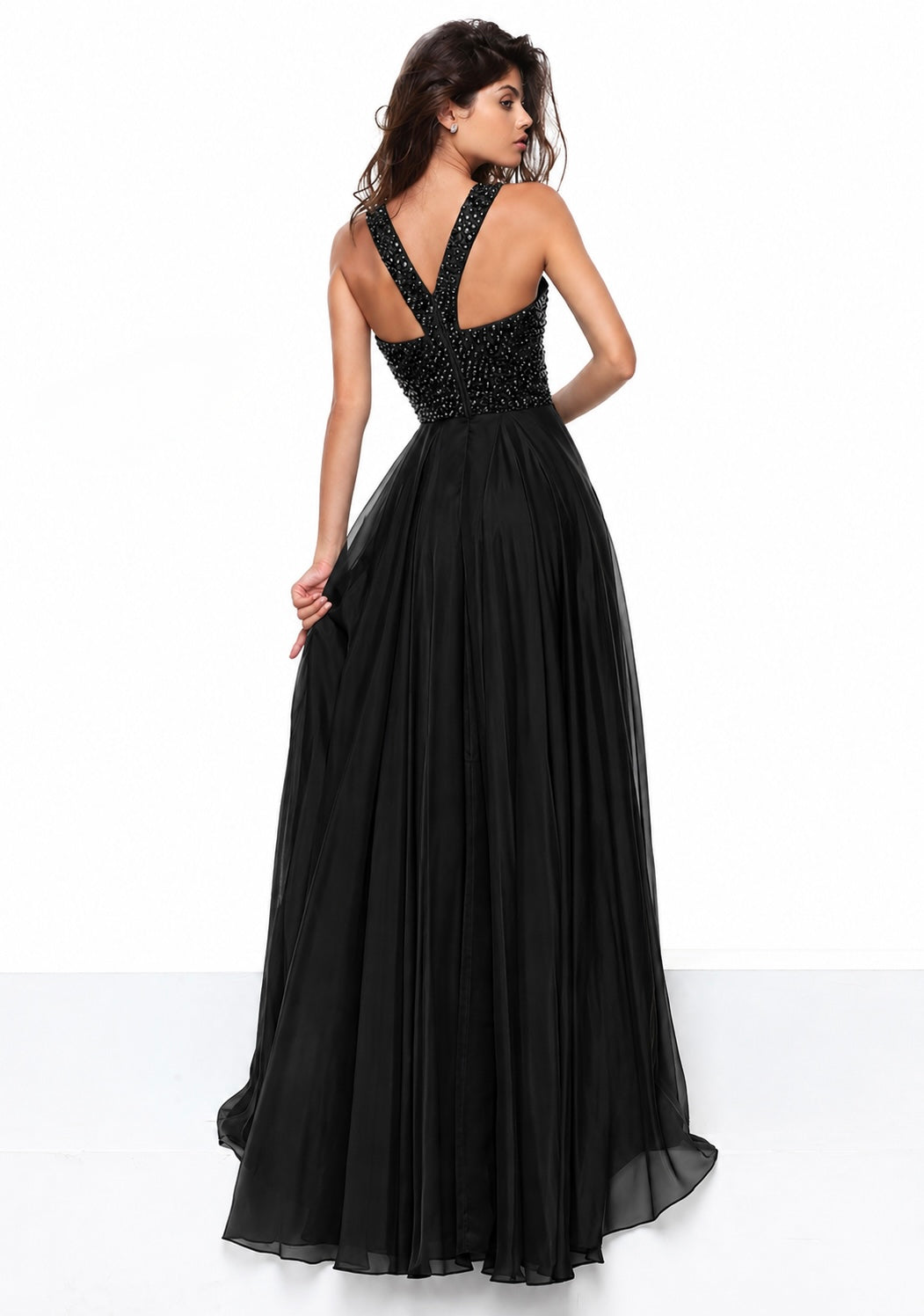 Sherri Hill 50615 Beaded Bodice Chiffon Gown Black Sz 4 $450