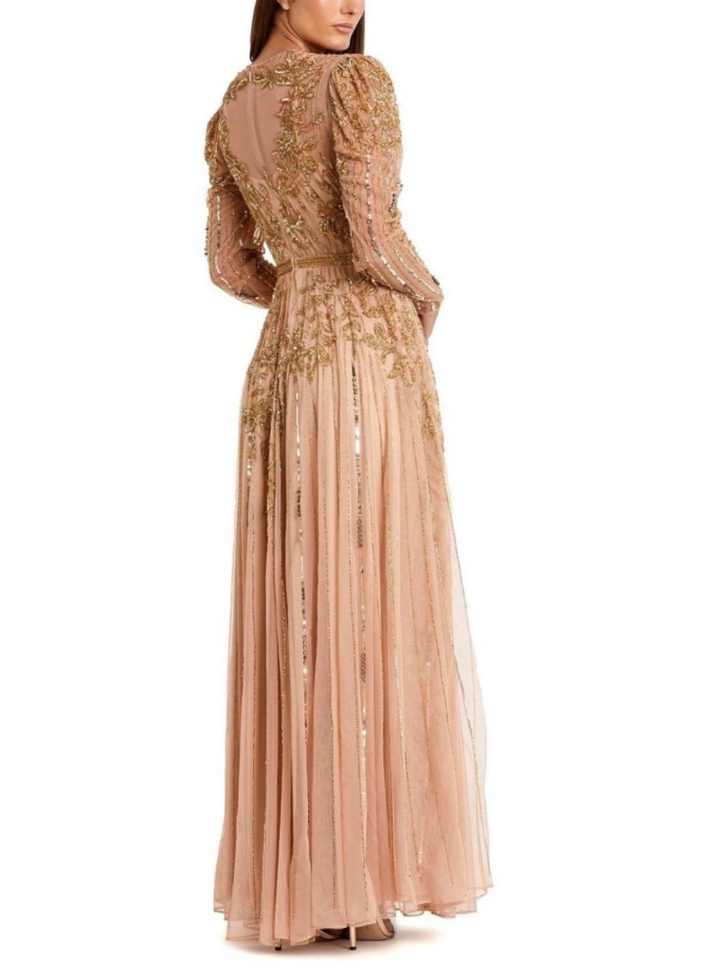 Mac Duggal 93638 Beaded Illusion
Puff Sleeve Gown Nude Gold Sz 8