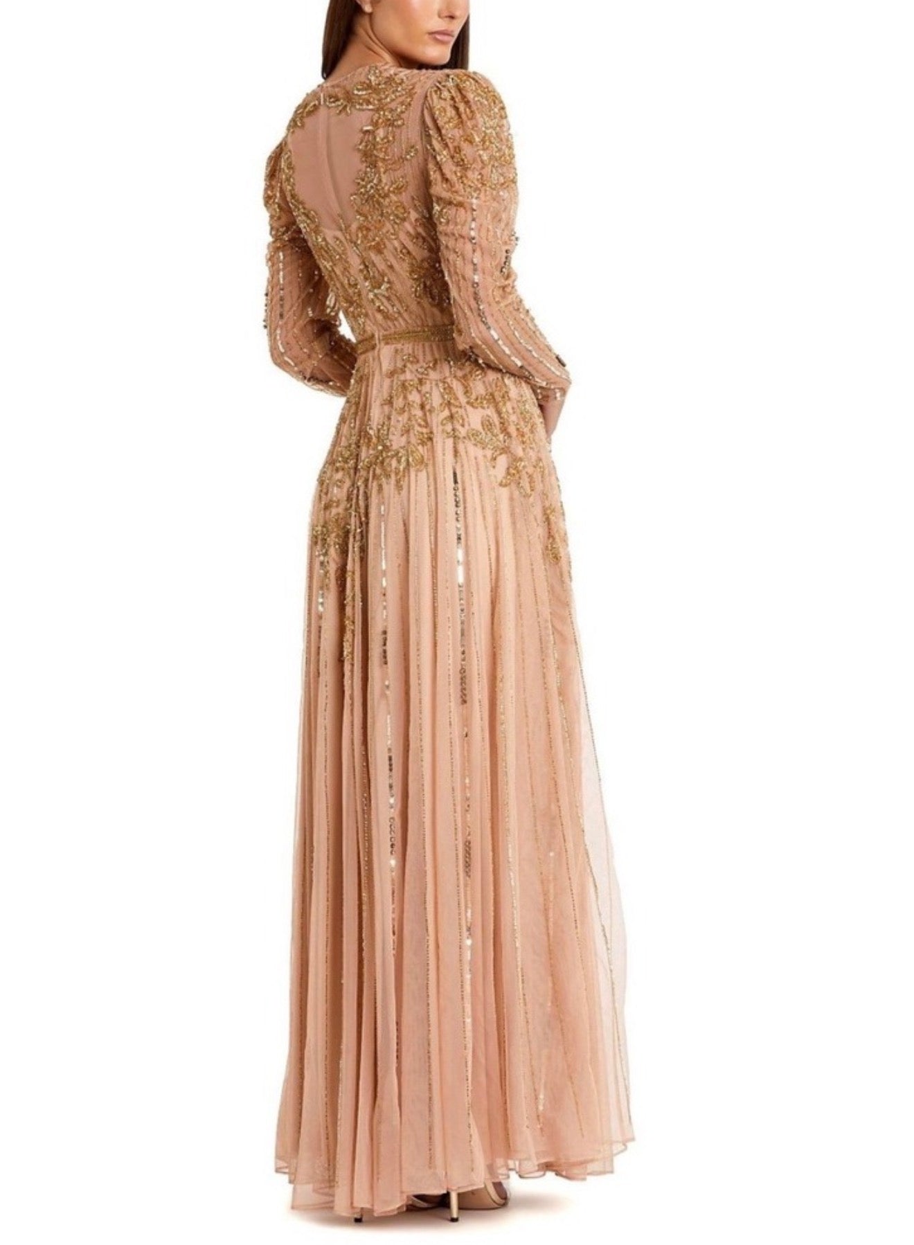 Mac Duggal 93638 Beaded Illusion
Puff Sleeve Gown Nude Gold Sz 8