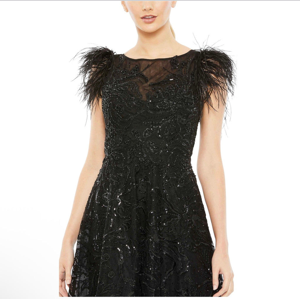 Mac Duggal 20400 Feather Shoulder Sequin Embellished Midi Dress Black Size 8