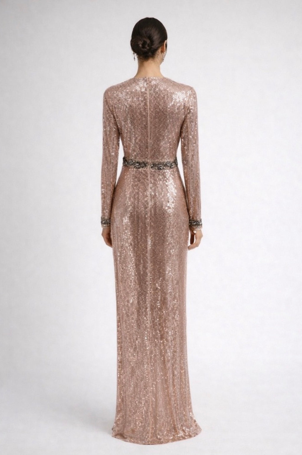 Mac Duggal Rose Gold Embellished Sequin Long Sleeve Gown Sz 2