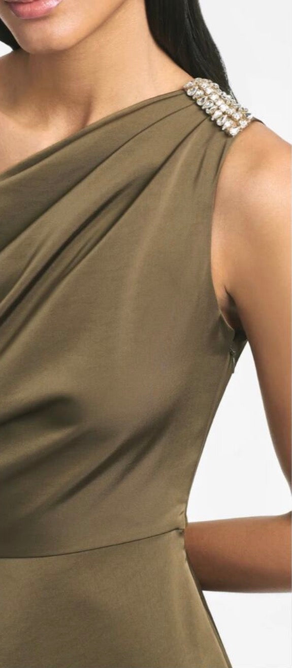 Sachin & Babi Evangeline One Shoulder Olive Midi Dress Size 2 $495