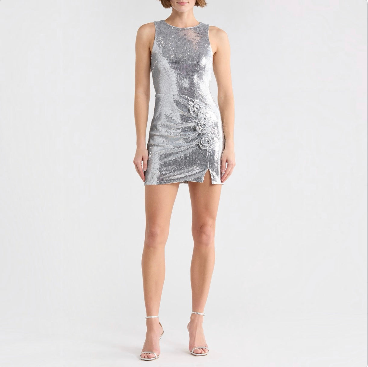 Avec Les Filles Rosette Sequin Sheath Dress Silver Size 2
