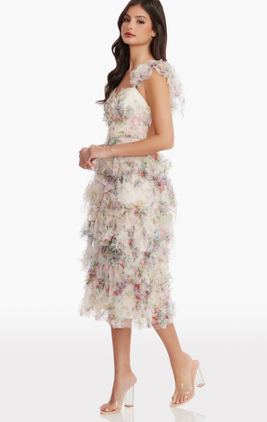 Dress the Population
Kristen Flutter Sleeve Ruffle
Tier Dress in Ivory Multi Sz Small $430