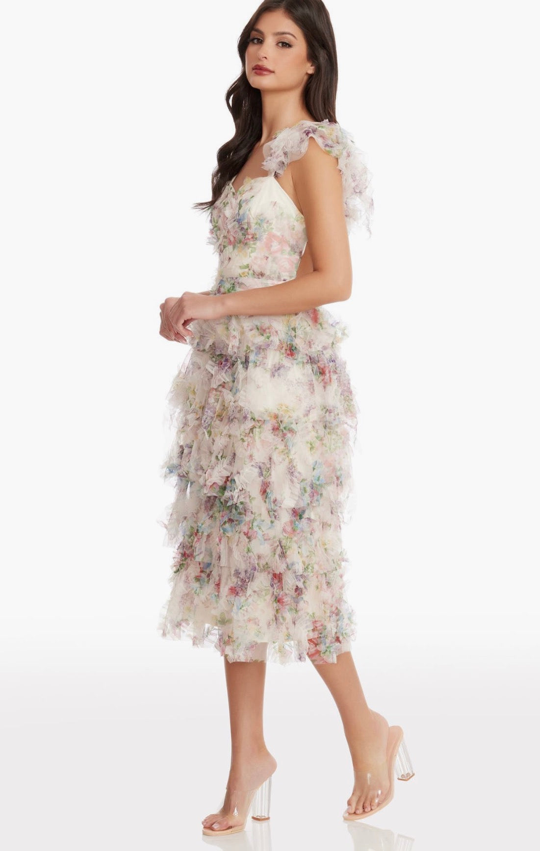 Dress the Population
Kristen Flutter Sleeve Ruffle
Tier Dress in Ivory Multi Sz Small $430