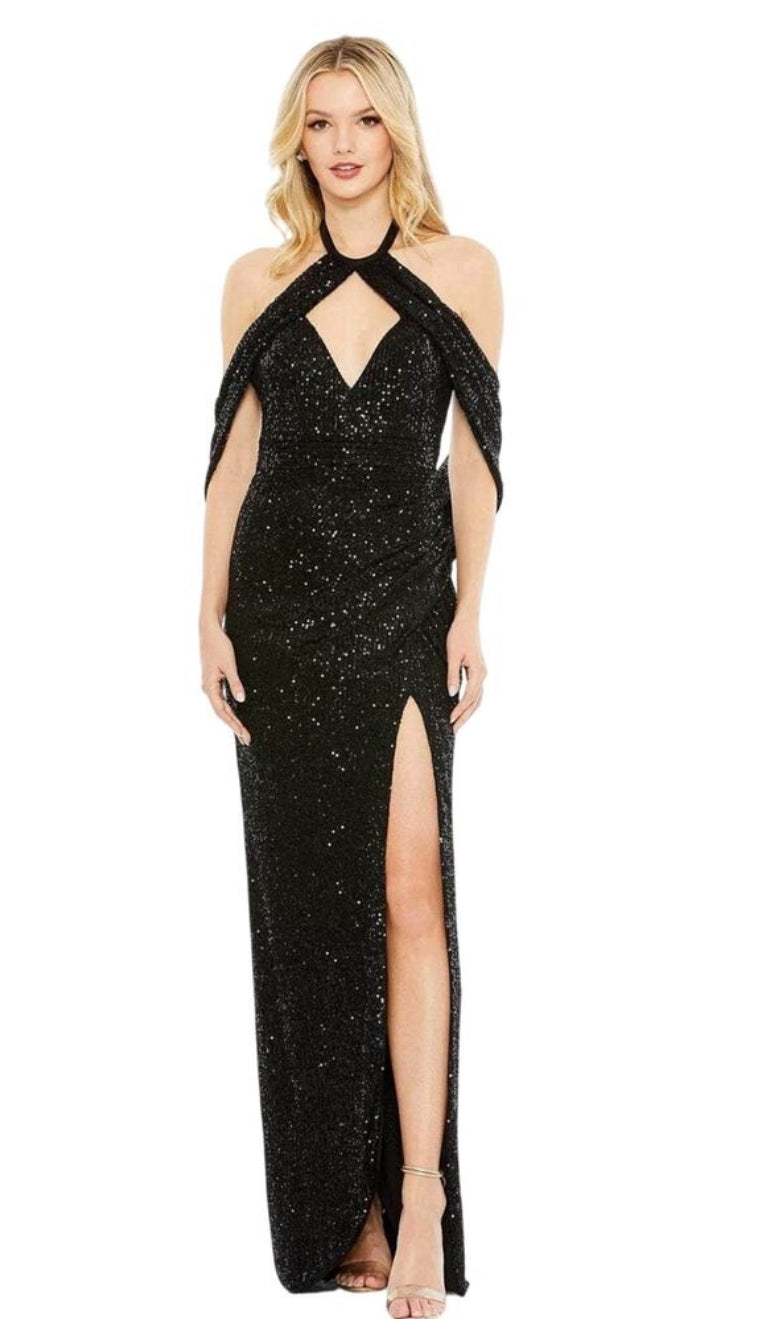 Mac Duggal 42021 Halter Neck Drape Sleeve Dress Black Sz 6 $ 498