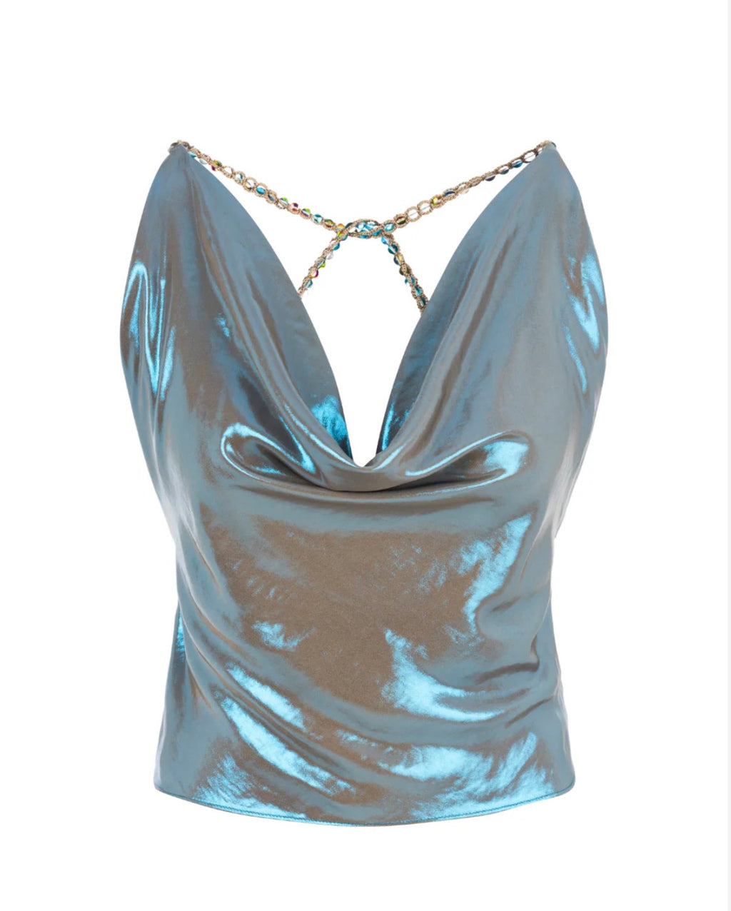 My Beachy Side Charlotte Shimmer Draped Top Blue Metallic Halter Size Medium $245