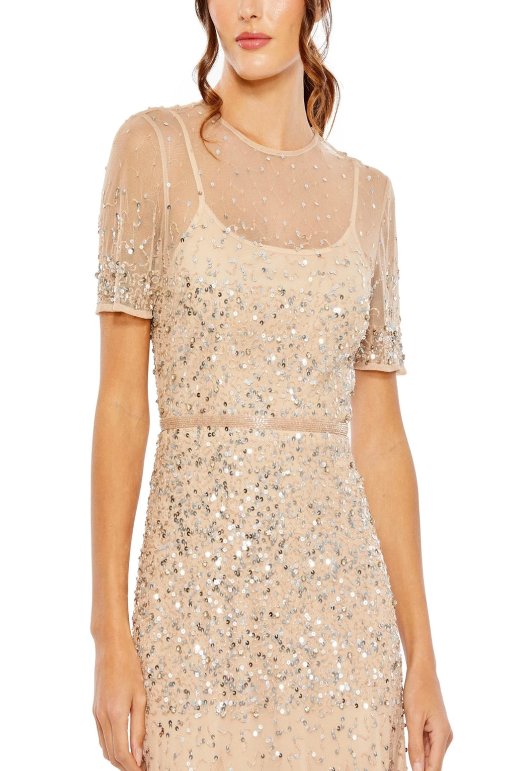 MAC DUGGAL HIGH NECK SHORT SLEEVE SEQUIN
EMBELLISHED DRESS NUDE
SILVER 93909 Sz 6 $698