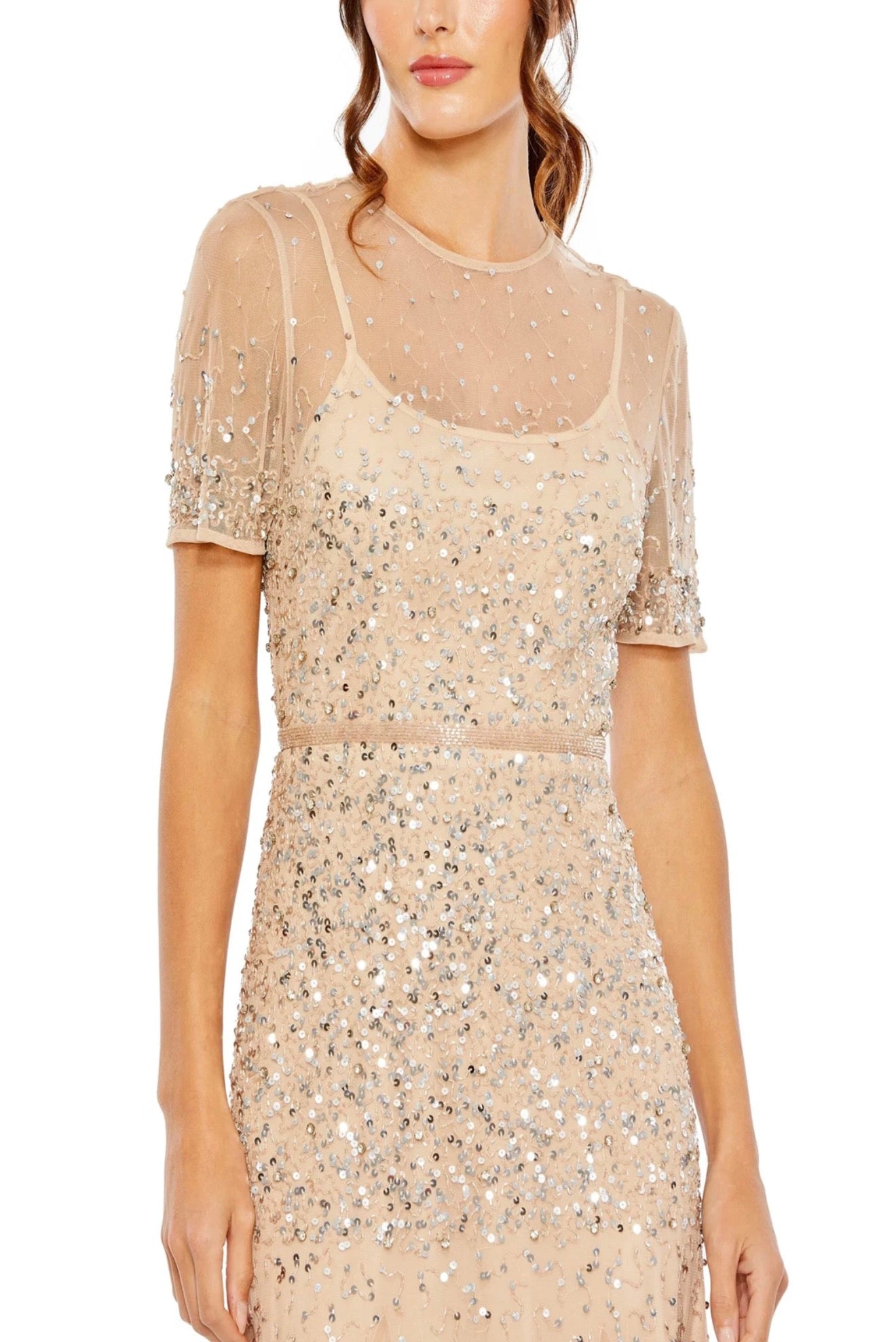 MAC DUGGAL HIGH NECK SHORT SLEEVE SEQUIN
EMBELLISHED DRESS NUDE
SILVER 93909 Sz 6 $698