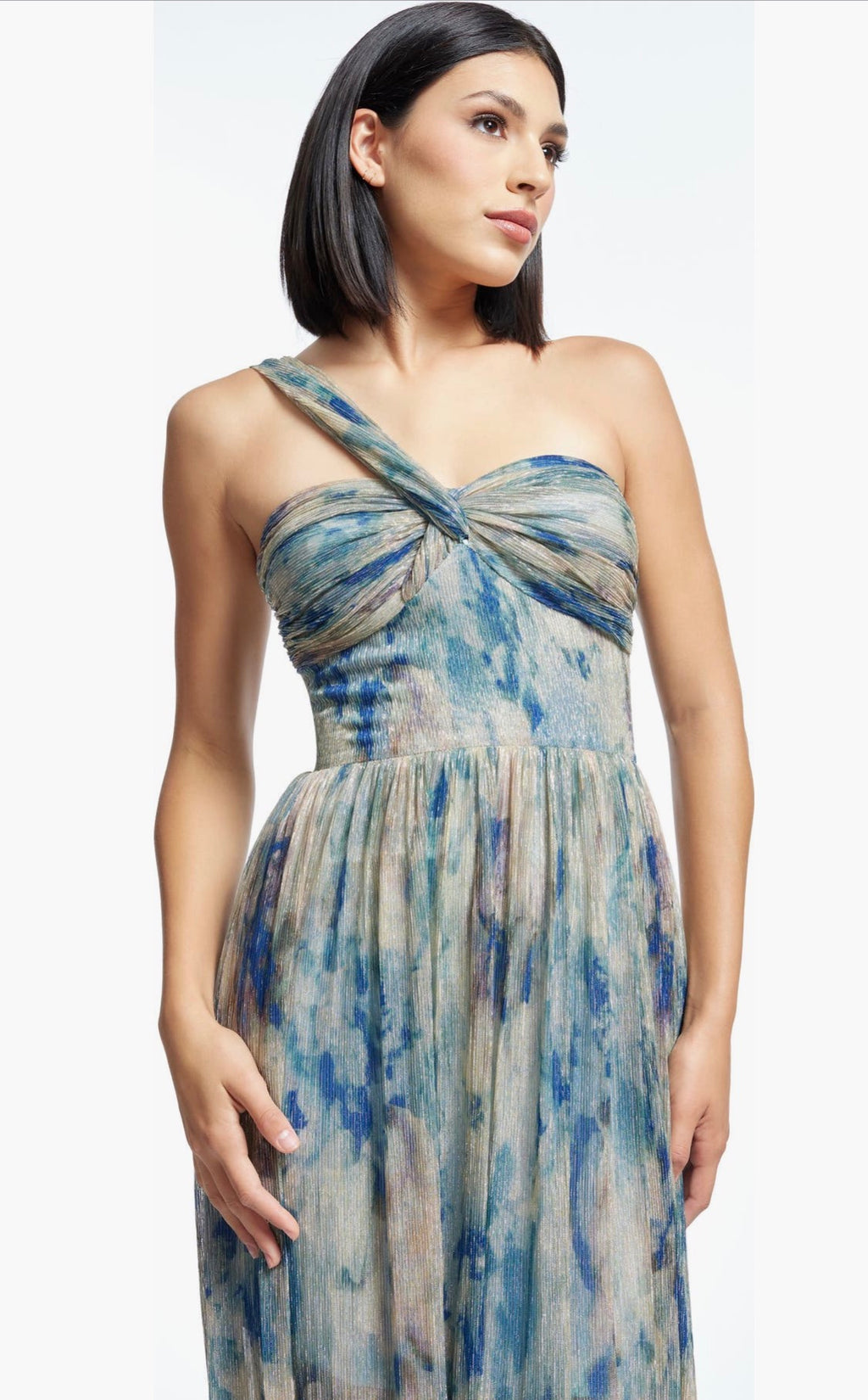 Dress the Population Idalia Metallic Abstract Floral Print One-Shoulder Gown Pale Blue Multi  XL