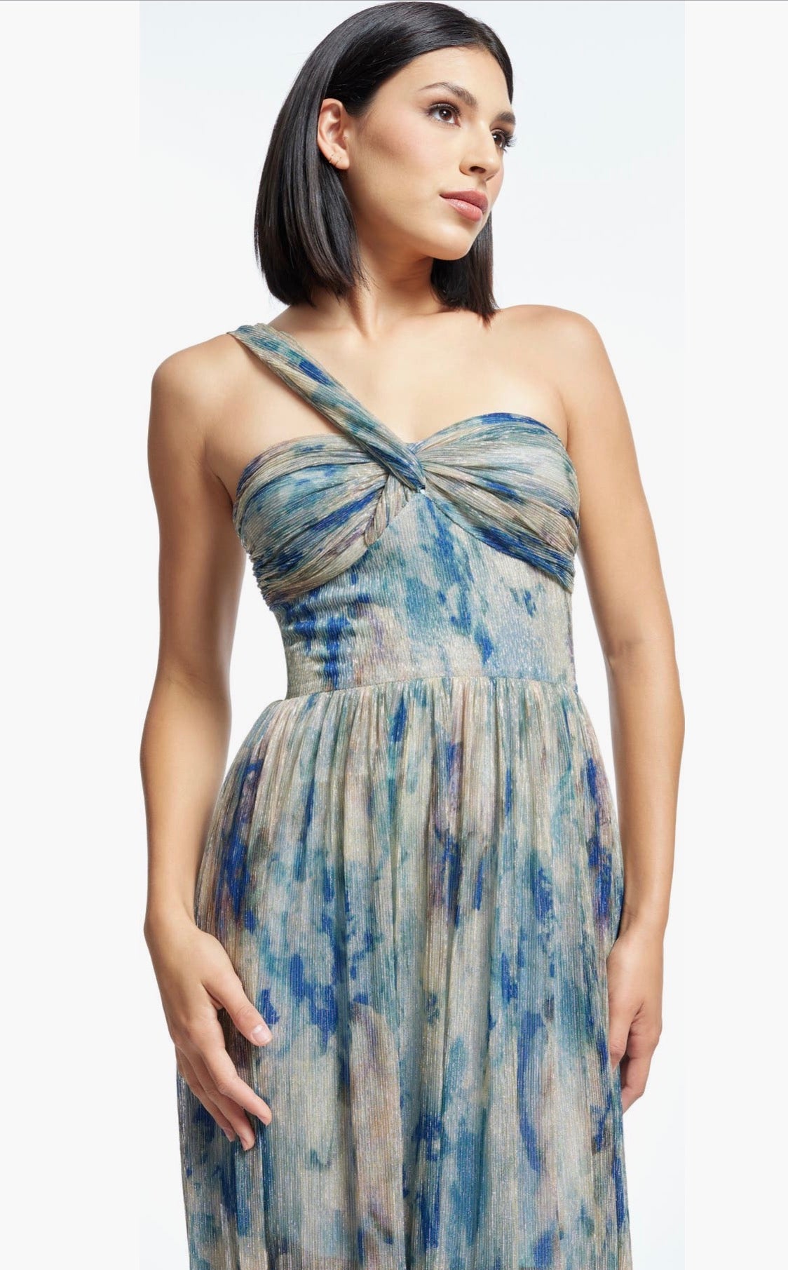 Dress the Population Idalia Metallic Abstract Floral Print One-Shoulder Gown Pale Blue Multi  XL